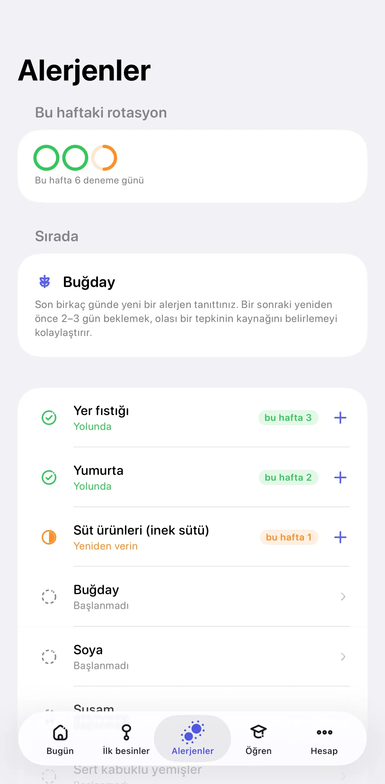 Miriel’in Alerjenler ekranı: bu haftaki rotasyon ve sıradaki alerjen