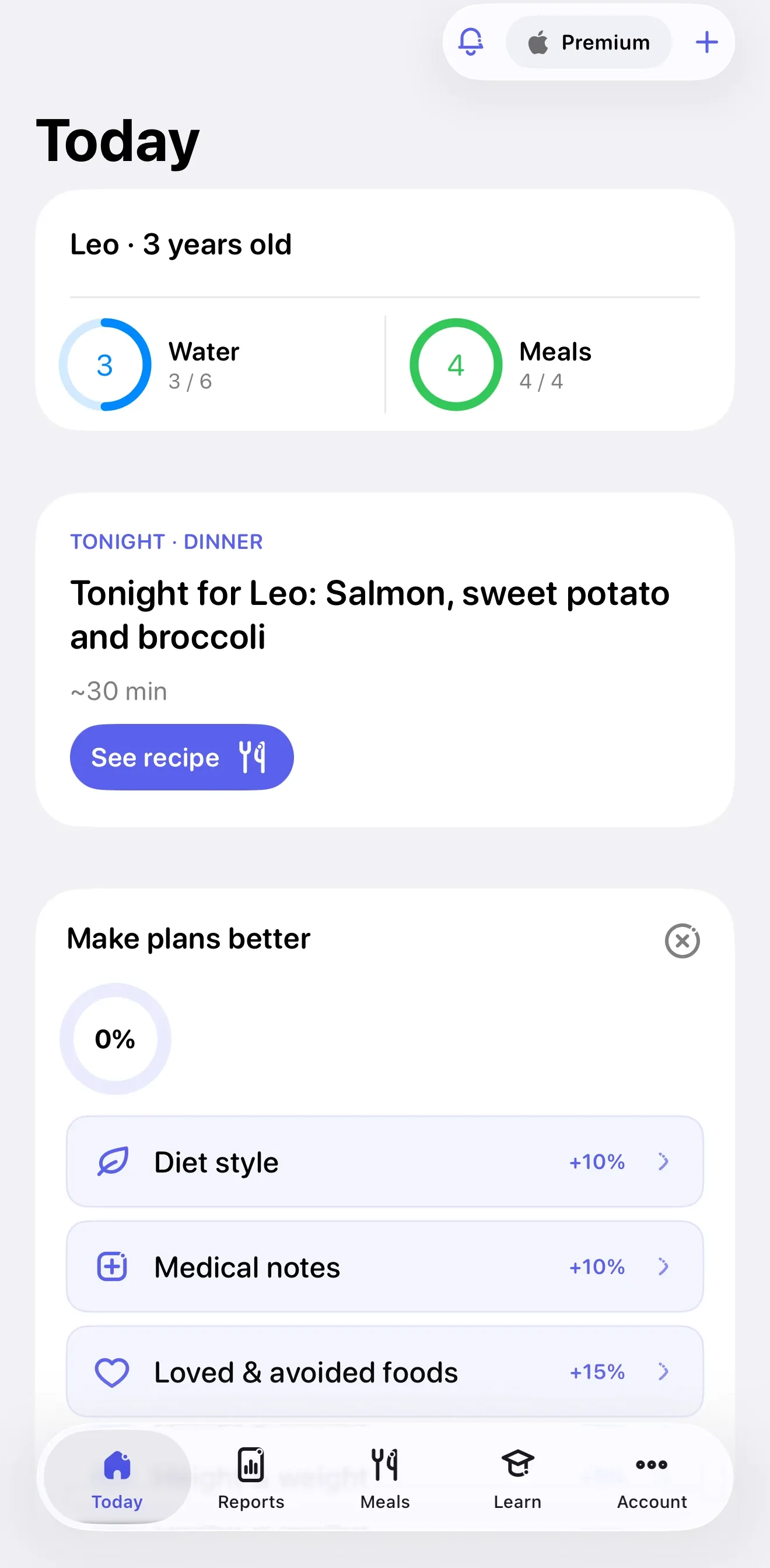 The Miriel Today screen with tonight’s dinner idea for a 3-year-old