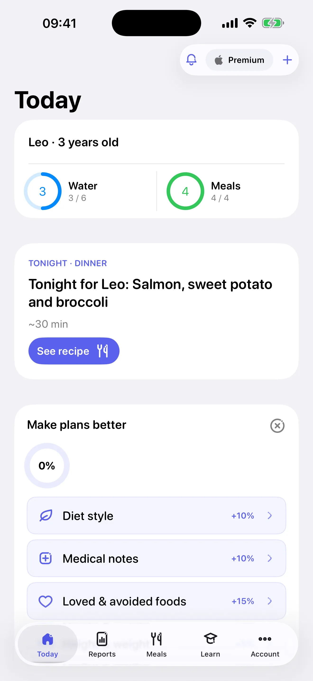Miriel Today screen for a 3-year-old, with tonight’s dinner idea