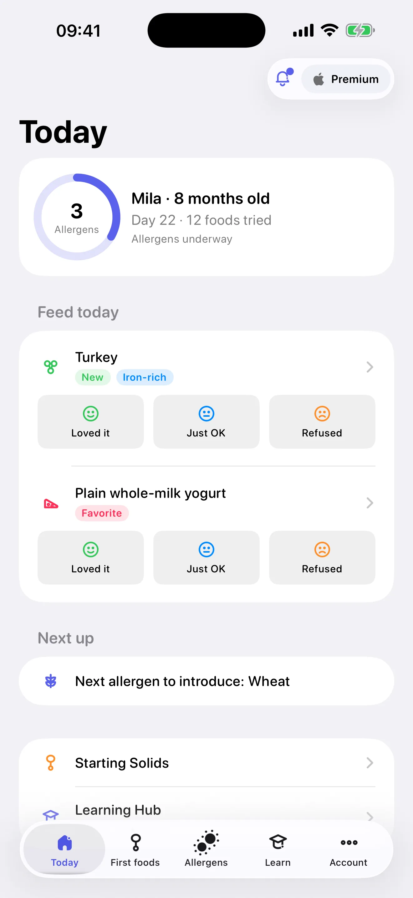 Miriel Today screen for an 8-month-old, with the foods to offer today
