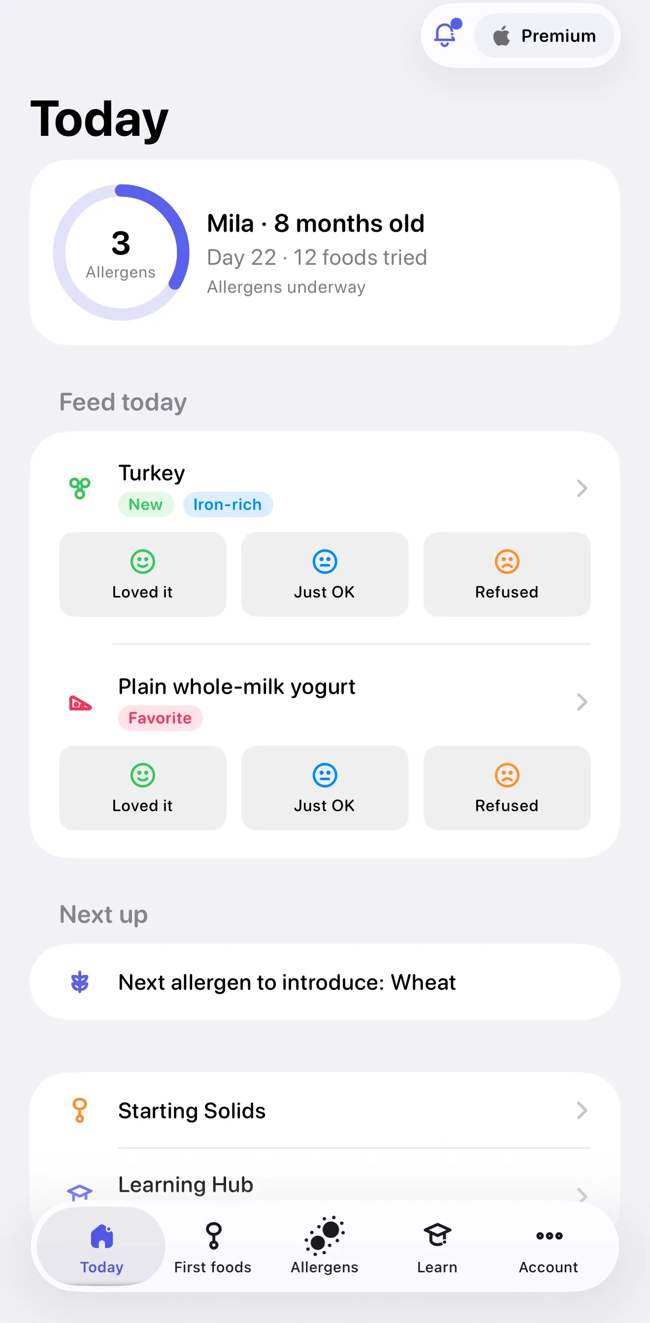 The Miriel Today screen with the foods to offer your baby today